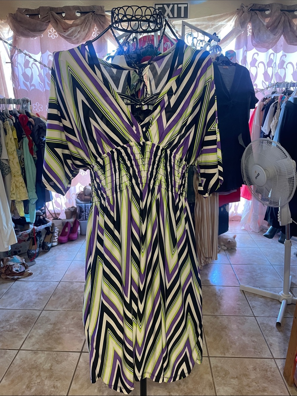 Striped V-Neck Midi Dress in Purple, Lime & Black